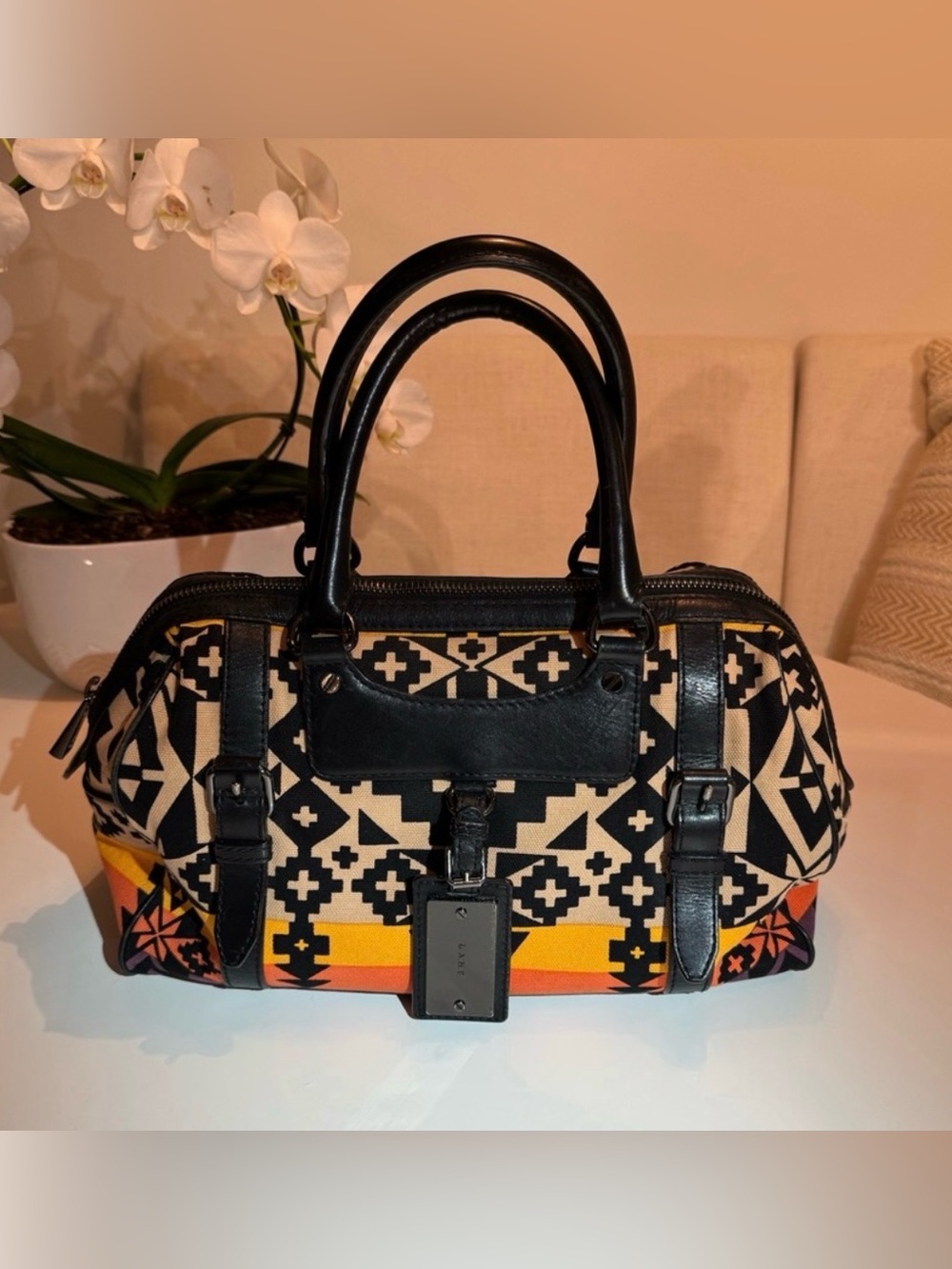 L.A.M.B. Multicolor Aztec Print Canvas & Leather Satchel w gunmetal hardware!